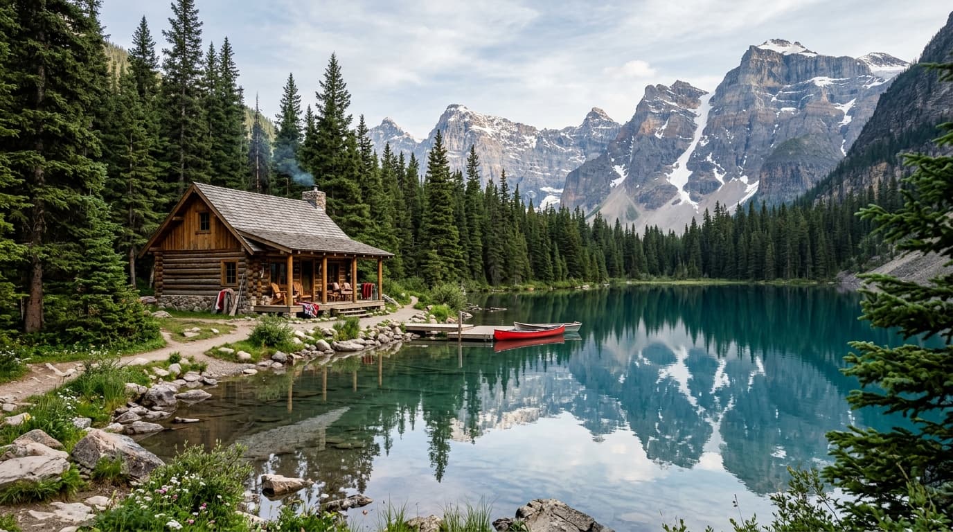Rustic cabin on a serene lake with alpine mountains